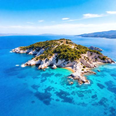 The primary subject of the image is a small island surrounded by blue water. The island is covered in green vegetation, giving it a lush and vibrant appearance. The setting is a beautiful blue ocean, with the island being the main focus of the scene. The visual style of the image is a photo, capturing the natural beauty of the island and its surroundings. The colors and mood of the image are predominantly blue and green, creating a serene and peaceful atmosphere.